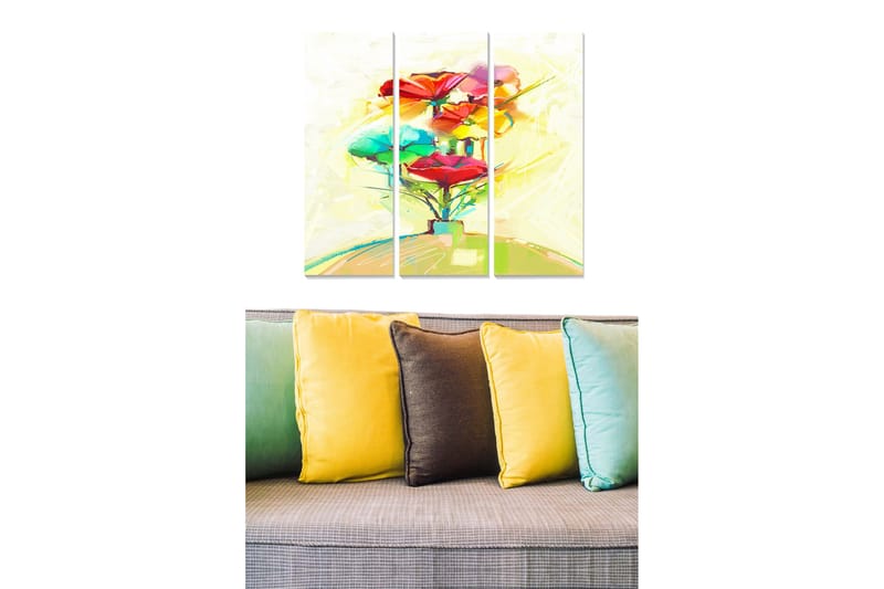 Puinen canvastaulu, 3 osaa, 50x70 cm - Värikäs kukkapuu, jossa on suuria punaisia ja vihreitä kukkia, Punainen / Vihreä / Keltainen