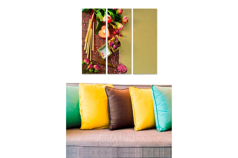 Puinen canvastaulu, 3 osaa, 50x70 cm - Värikäs kukkien ja kynttilöiden asetelma bambumatolla - Vaaleanpunainen / Vihreä / Beige - Sisustustuotteet - Taulu & taide - Canvas-taulu