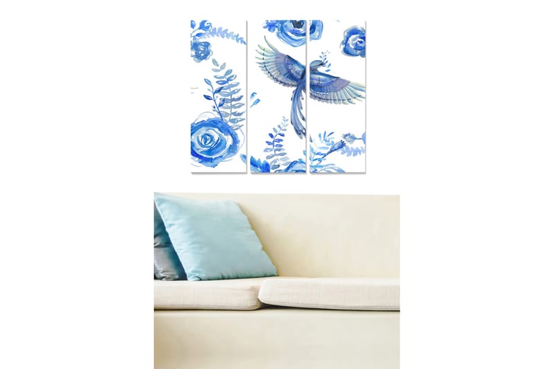 Puinen canvastaulu, 3 osaa, 50x70 cm - Värikäs lintu, sinisten ruusujen ja kasvien yksityiskohtien ympäröimän ä, Sininen / Vaaleansininen