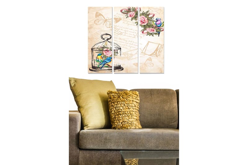 Puinen canvastaulu, 3 osaa, 50x70 cm - Värikäs lintu häkissä kukkien ja perhosten ympäröimänä, Vihreä / Vaaleanpunainen / Sininen
