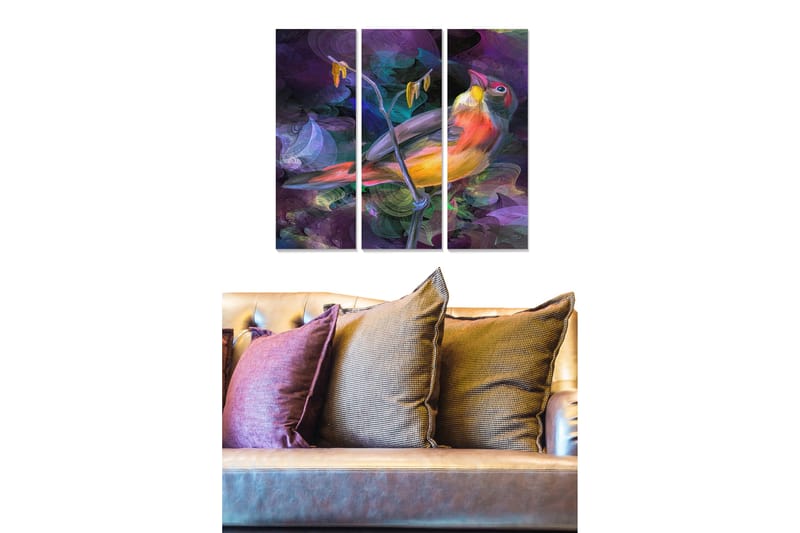 Puinen canvastaulu, 3 osaa, 50x70 cm - Värikäs lintu oksalla abstraktilla taustalla, Violetti / Oranssi / Vihreä
