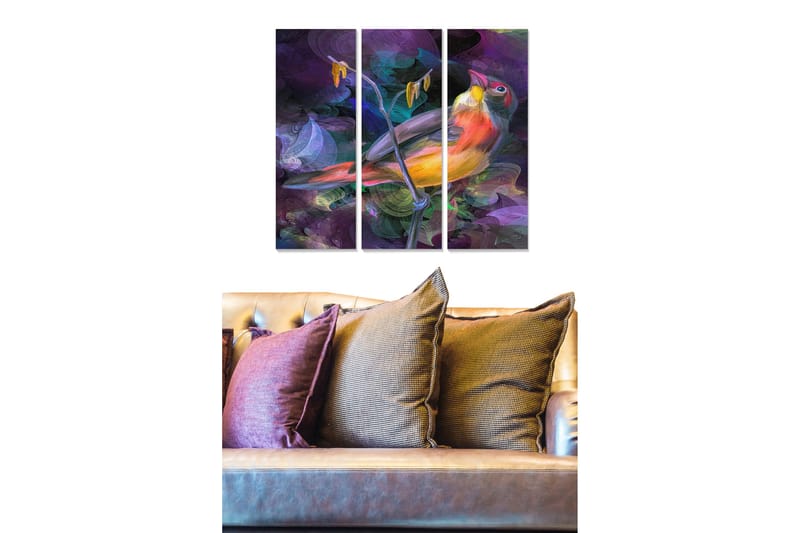 Puinen canvastaulu, 3 osaa, 50x70 cm - Värikäs lintu oksalla abstraktilla taustalla, Violetti / Oranssi / Vihreä