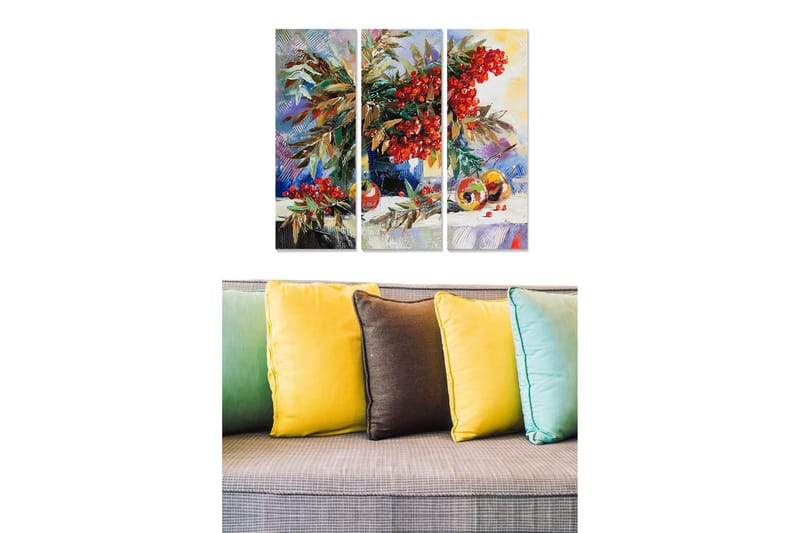 Puinen canvastaulu, 3 osaa, 50x70 cm - Värikäs marja- ja hedelmäkimppu hiljaisuudessa luontoaiheilla, Punainen / Vihreä / Keltainen