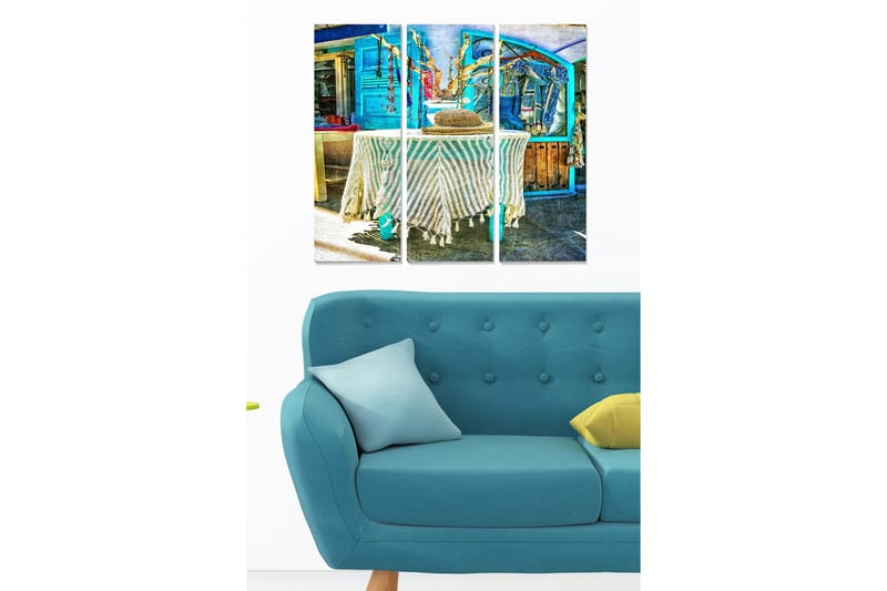 Puinen canvastaulu, 3 osaa, 50x70 cm - Värikäs markkinapaikka vaatteilla ja koristeilla, Sininen / Valkoinen / Beige