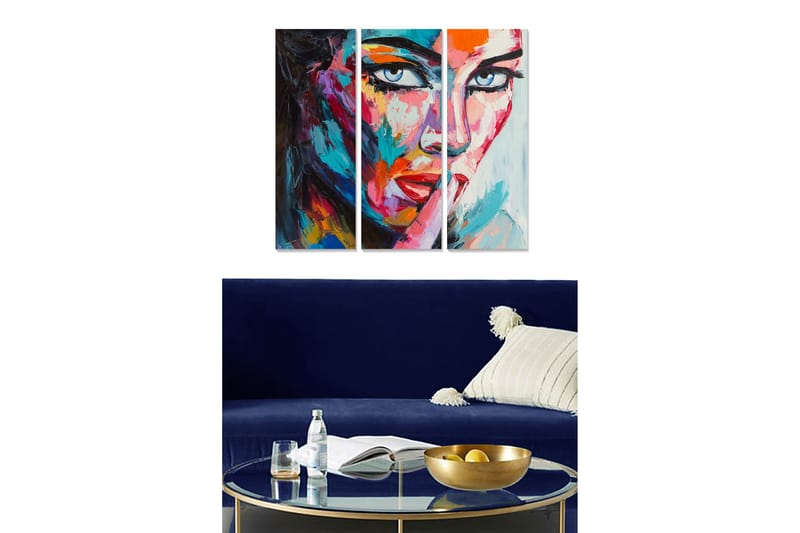 Puinen canvastaulu, 3 osaa, 50x70 cm - Värikäs muotokuva ilmeikkäästä naisesta, Sininen / Punainen / Oranssi