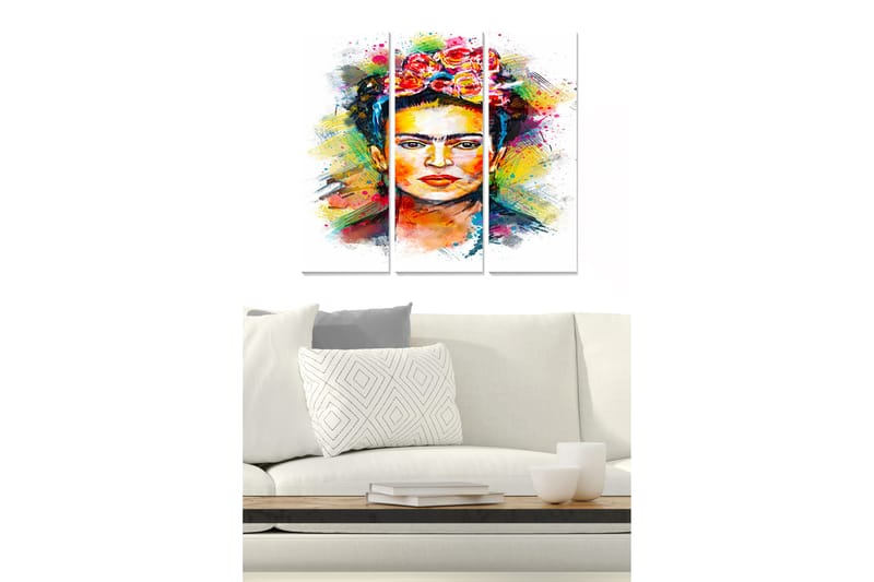 Puinen canvastaulu, 3 osaa, 50x70 cm - Värikäs muotokuva naisesta, jolla on kukkia hiuksissaan, Punainen / Keltainen / Vihreä