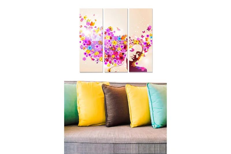 Puinen canvastaulu, 3 osaa, 50x70 cm - Värikäs nainen kukkien ja perhosten ympäröimänä, Violetti / Vaaleanpunainen / Keltainen