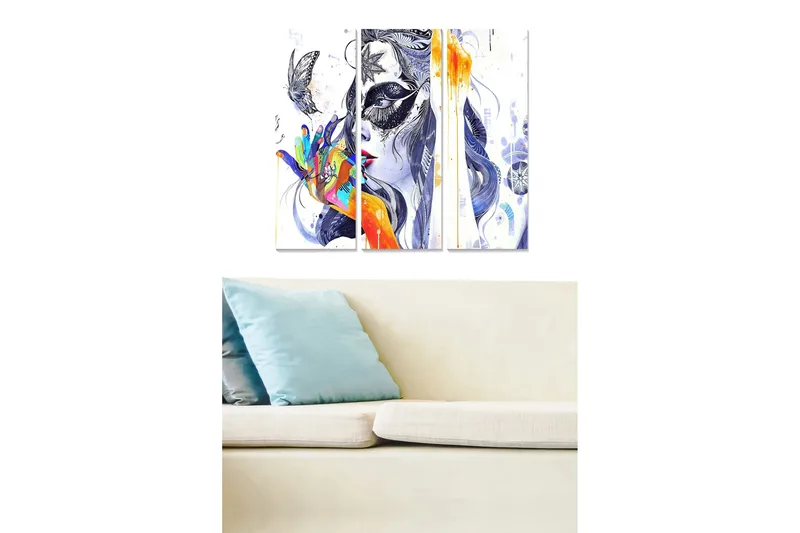 Puinen canvastaulu, 3 osaa, 50x70 cm - Värikäs nainen perhosilla ja abstrakteilla kuvioilla, Sininen / Oranssi / Musta