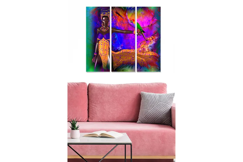 Puinen canvastaulu, 3 osaa, 50x70 cm - Värikäs nainen papukaijan kanssa eloisassa trooppisessa ympäristössä, Violetti / Vihreä / Oranssi