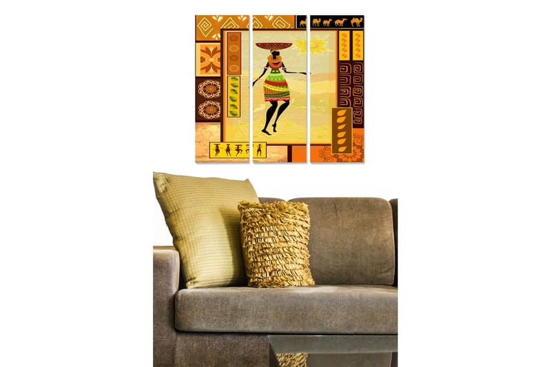Puinen canvastaulu, 3 osaa, 50x70 cm - Värikäs nainen perinteisissä vaatteissa ja kori päässään, Oranssi / Ruskea / Keltainen