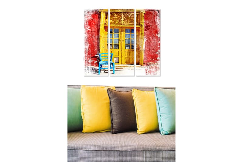 Puinen canvastaulu, 3 osaa, 50x70 cm - Värikäs ovi ja sininen tuoli edessä, Punainen / Keltainen / Sininen