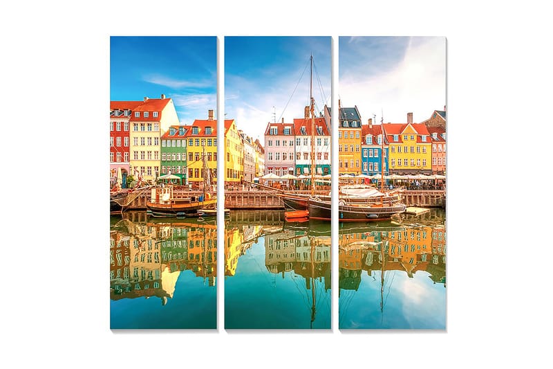 Puinen canvastaulu, 3 osaa, 50x70 cm - Värikäs satama perinteisine taloineen ja veneineen - Sininen / Keltainen / Punainen - Sisustustuotteet - Taulu & taide - Canvas-taulu