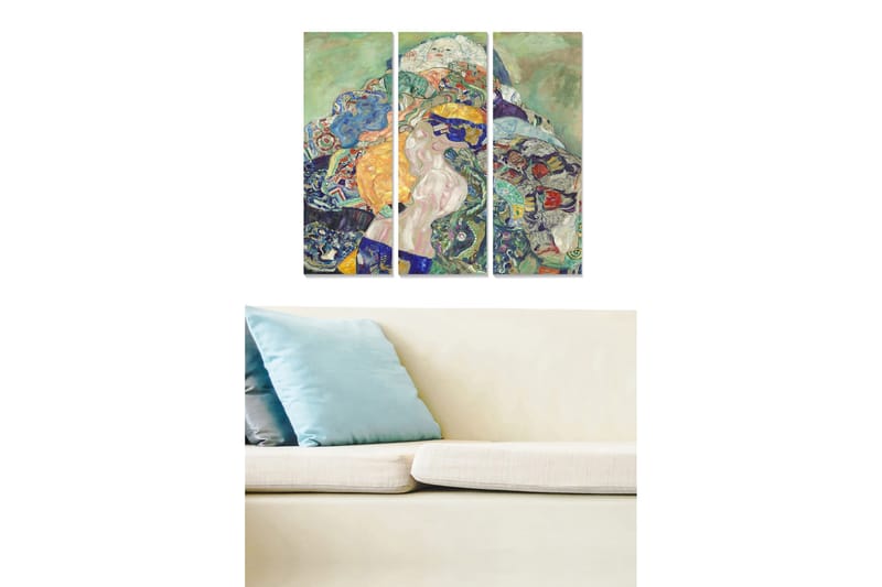 Puinen canvastaulu, 3 osaa, 50x70 cm - Värikäs sommitelma, jossa alaston nainen on kuviollisten elementtien ympäröimä, Vihreä / Sininen / Oranssi