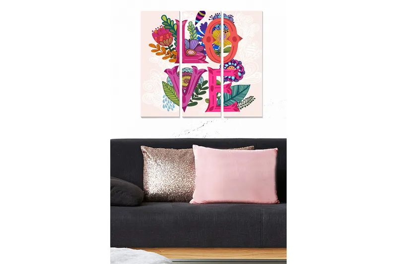 Puinen canvastaulu, 3 osaa, 50x70 cm - Värikäs sommitelma, jossa sana LOVE ympäröi kukkia ja lehtiä, Vaaleanpunainen / Vihreä / Violetti