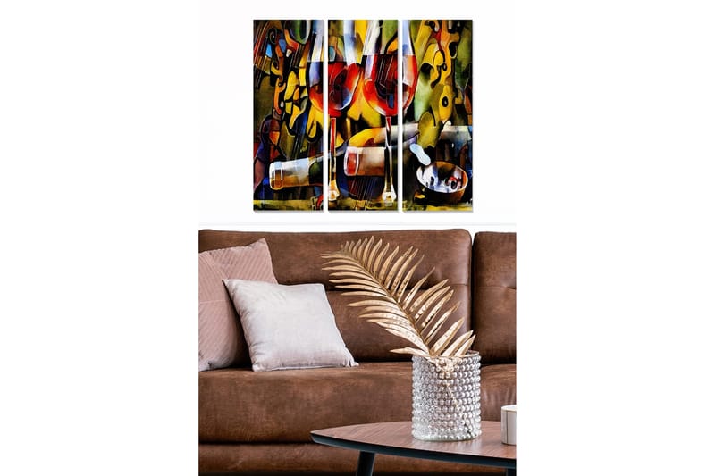 Puinen canvastaulu, 3 osaa, 50x70 cm - Värikäs sommitelma viini- ja musiikkielementeillä, Punainen / Keltainen / Vihreä