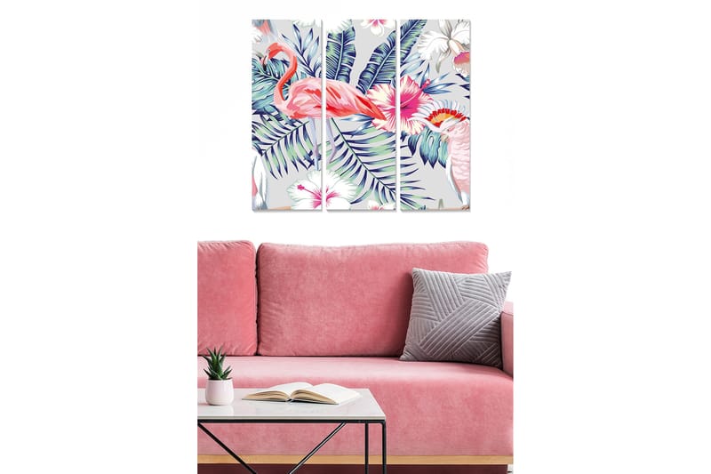 Puinen canvastaulu, 3 osaa, 50x70 cm - Värikäs trooppinen sommitelma flamingoilla ja kukilla, Vaaleanpunainen / Vihreä / Violetti