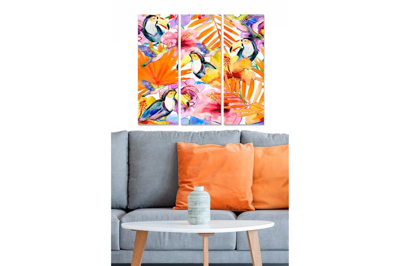 Puinen canvastaulu, 3 osaa, 50x70 cm - Värikäs trooppinen sommitelma tukaaneilla ja kukilla, Oranssi / Vihreä / Vaaleanpunainen
