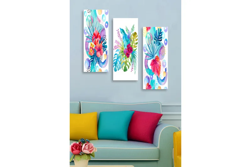 Puinen canvastaulu, 3 osaa, 50x70 cm - Värikäs trooppisten kasvien ja kukkien sommittelu, Punainen / Vihreä / Sininen