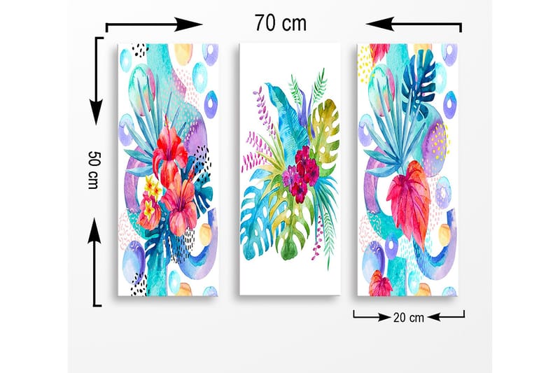 Puinen canvastaulu, 3 osaa, 50x70 cm - Värikäs trooppisten kasvien ja kukkien sommittelu - Punainen / Vihreä / Sininen - Sisustustuotteet - Taulu & taide - Canvas-taulu