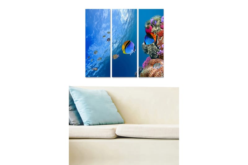 Puinen canvastaulu, 3 osaa, 50x70 cm - Värikäs vedenalainen maisema koralliriutalla ja trooppisilla kaloilla, Sininen / Oranssi / Violetti