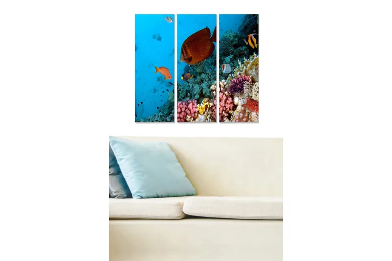 Puinen canvastaulu, 3 osaa, 50x70 cm - Värikäs vedenalainen maisema koralliriutalla ja uivilla kaloilla, Sininen / Oranssi / Vaaleanpunainen