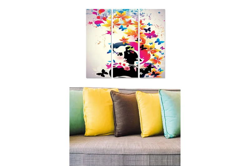 Puinen canvastaulu, 3 osaa, 50x70 cm - Värikäs perhos- ja kukkasommitelma tyylitellyssä muotokuvassa, Vaaleanpunainen / Sininen / Musta