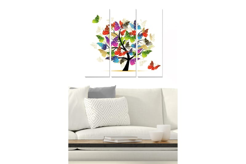 Puinen canvastaulu, 3 osaa, 50x70 cm - Värikäs puurakenne ja perhosia leijumassa ympäriinsä, Vihreä / Punainen / Sininen