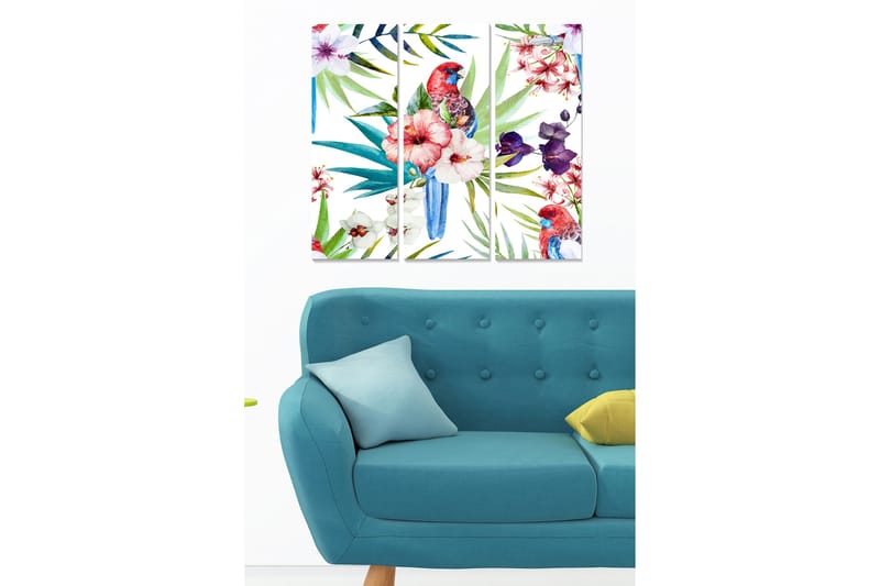 Puinen canvastaulu, 3 osaa, 50x70 cm - Värikäs papukaija trooppisten kukkien ja lehtien ympäröimänä, Vihreä / Punainen / Sininen