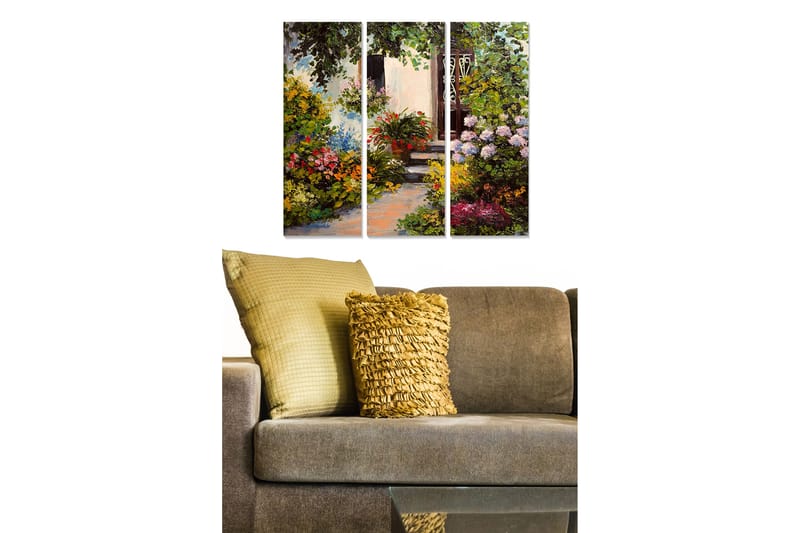 Puinen canvastaulu, 3 osaa, 50x70 cm - Värikäs puutarha kukka-asetelmalla ja taustalla olevalla ovella, Vihreä / Vaaleanpunainen / Keltainen