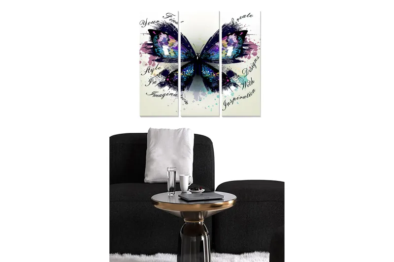Puinen canvastaulu, 3 osaa, 50x70 cm - Värikäs perhonen abstrakteilla elementeillä, Violetti / Sininen / Musta