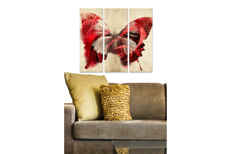 Puinen canvastaulu, 3 osaa, 50x70 cm - Värikäs perhonen puna-valkoisilla yksityiskohdilla, Punainen / Valkoinen