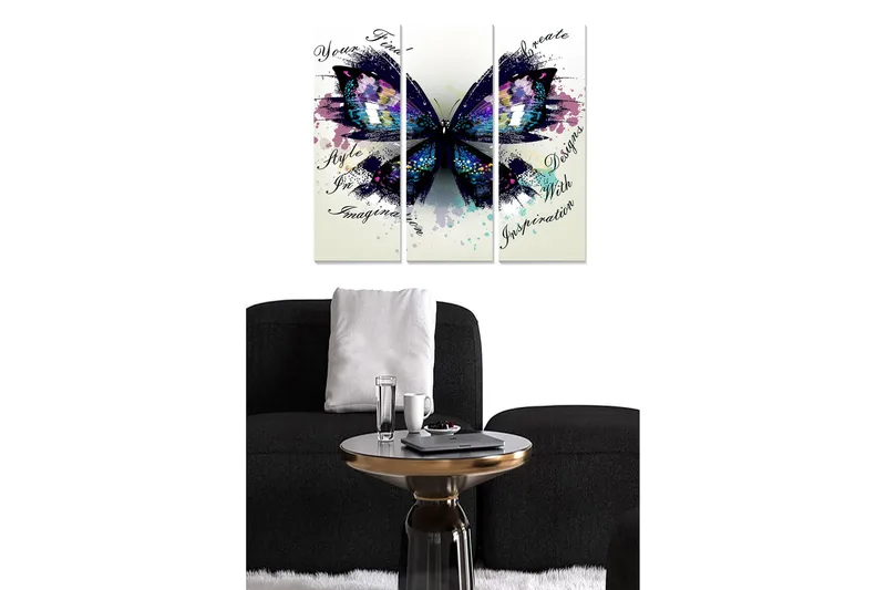 Puinen canvastaulu, 3 osaa, 50x70 cm - Värikäs perhonen abstrakteilla elementeillä, Violetti / Sininen / Musta