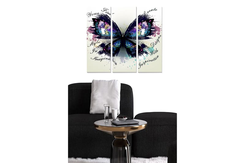 Puinen canvastaulu, 3 osaa, 50x70 cm - Värikäs perhonen abstrakteilla elementeillä, Violetti / Sininen / Musta