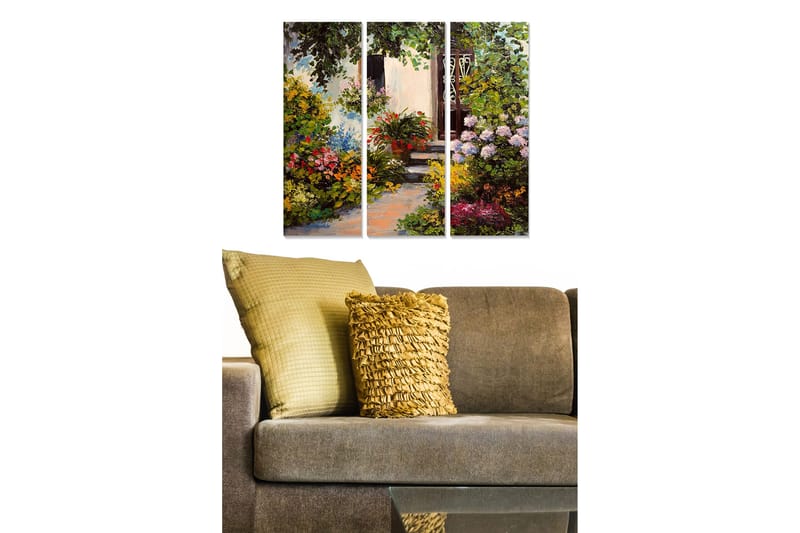 Puinen canvastaulu, 3 osaa, 50x70 cm - Värikäs puutarha kukka-asetelmalla ja taustalla olevalla ovella, Vihreä / Vaaleanpunainen / Keltainen