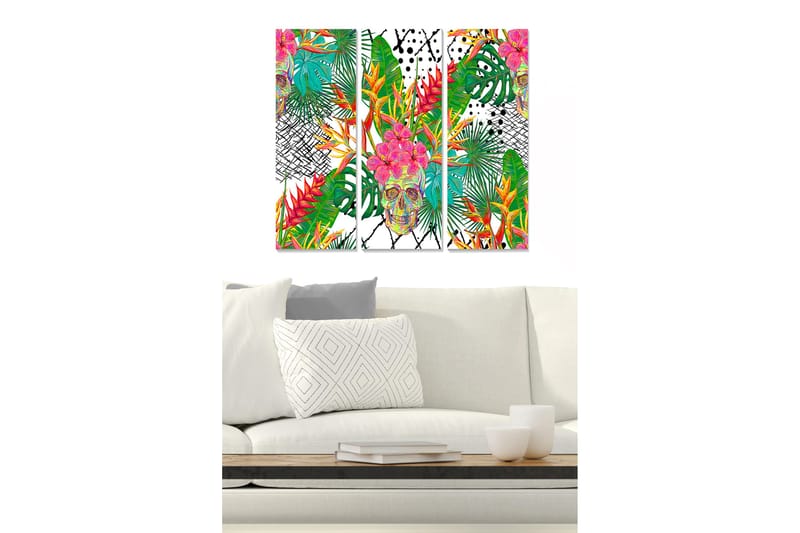 Puinen canvastaulu, 3 osaa, 50x70 cm - Värikäs pääkallo, trooppisten kasvien ja kukkien ympäröimä, Vihreä / Vaaleanpunainen / Keltainen
