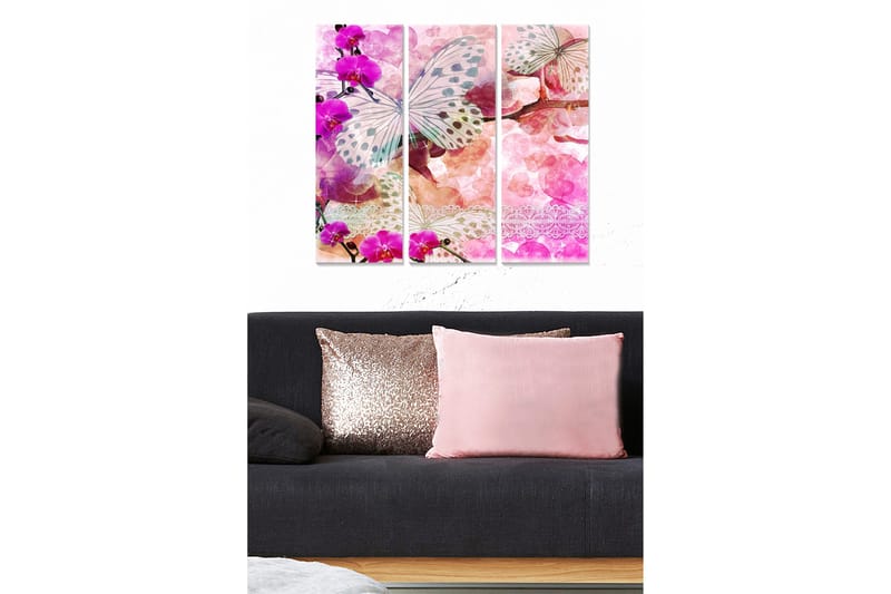 Puinen canvastaulu, 3 osaa, 50x70 cm - Värikäs perhonen, orkideoiden ja abstraktien muotojen ympäröimä, Violetti / Vaaleanpunainen / Valkoinen