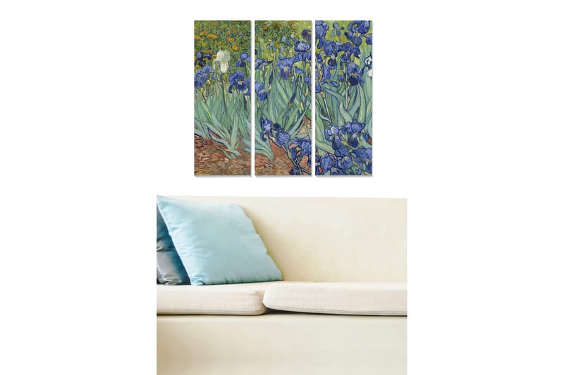 Puinen canvastaulu, 3 osaa, 50x70 cm - Värikäs puutarha iiriksen kukilla, Sininen / Vihreä / Keltainen