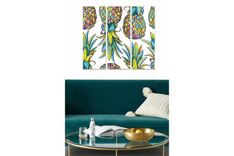 Puinen canvastaulu, 3 osaa, 50x70 cm - Värikkäät ananakset trooppisilla yksityiskohdilla, Vihreä / Keltainen / Violetti