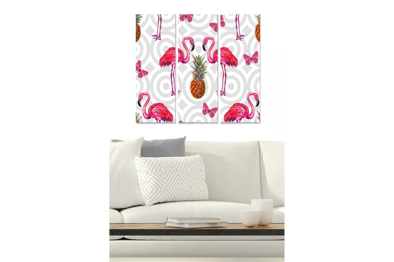Puinen canvastaulu, 3 osaa, 50x70 cm - Värikkäät flamingot ananaksella ja perhosilla - Vaaleanpunainen / Vihreä / Keltainen - Sisustustuotteet - Taulu & taide - Canvas-taulu