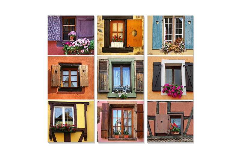 Puinen canvastaulu, 3 osaa, 50x70 cm - Värikkäät ikkunat ja kukat eri tyyleissä ja kuoseissa - Violetti / Oranssi / Vihreä - Sisustustuotteet - Taulu & taide - Canvas-taulu