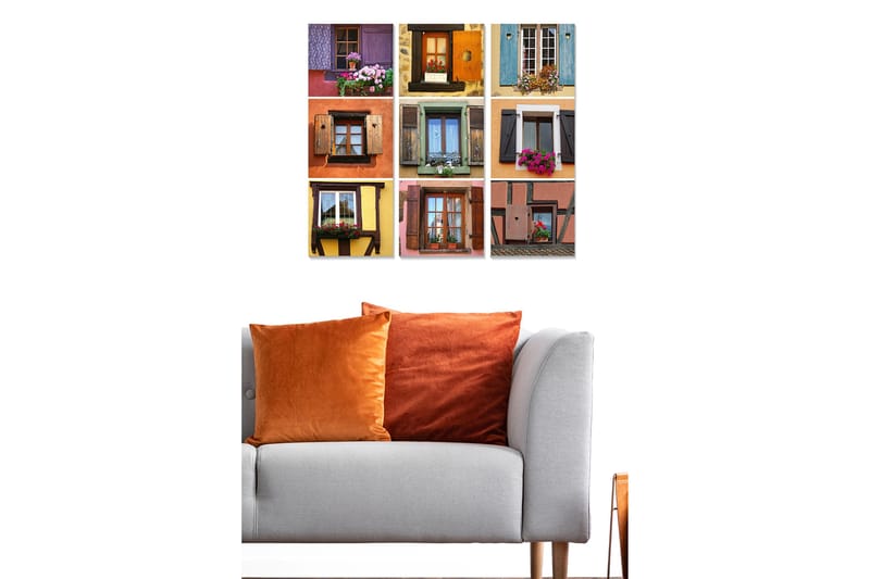 Puinen canvastaulu, 3 osaa, 50x70 cm - Värikkäät ikkunat ja kukat eri tyyleissä ja kuoseissa - Violetti / Oranssi / Vihreä - Sisustustuotteet - Taulu & taide - Canvas-taulu