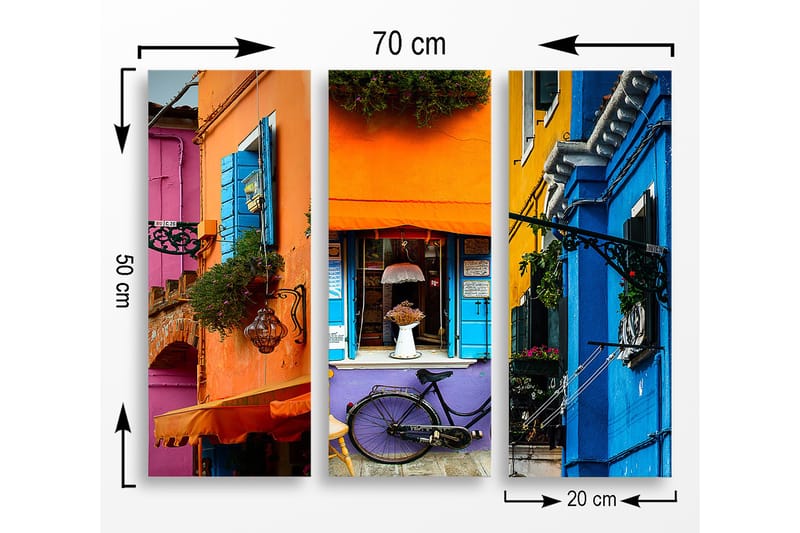 Puinen canvastaulu, 3 osaa, 50x70 cm - Värikkäät talon julkisivut polkupyörällä ja kukilla - Oranssi / Sininen / Violetti - Sisustustuotteet - Taulu & taide - Canvas-taulu