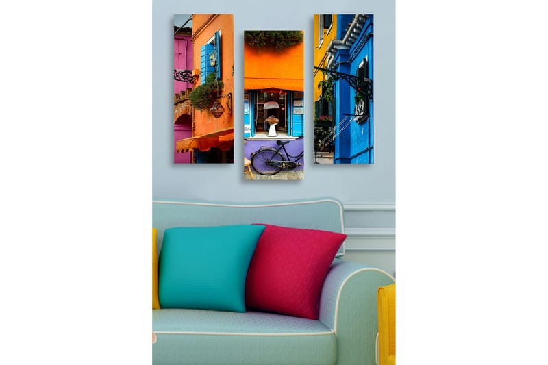 Puinen canvastaulu, 3 osaa, 50x70 cm - Värikkäät talon julkisivut polkupyörällä ja kukilla, Oranssi / Sininen / Violetti