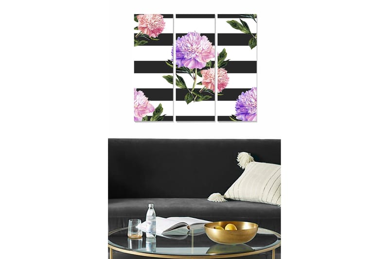 Puinen canvastaulu, 3 osaa, 50x70 cm - Värikkäät pionit raidallista taustaa vasten, Vaaleanpunainen / Violetti / Vihreä