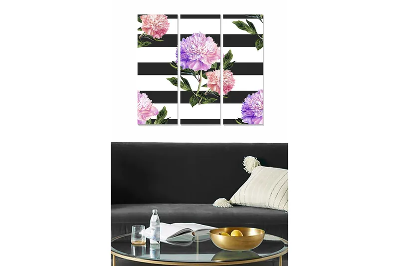 Puinen canvastaulu, 3 osaa, 50x70 cm - Värikkäät pionit raidallista taustaa vasten, Vaaleanpunainen / Violetti / Vihreä