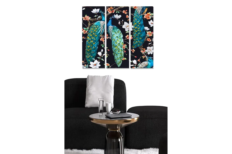 Puinen canvastaulu, 3 osaa, 50x70 cm - Värikkäitä riikinkukkoja kukkien keskellä, Turkoosi / Vihreä / Valkoinen