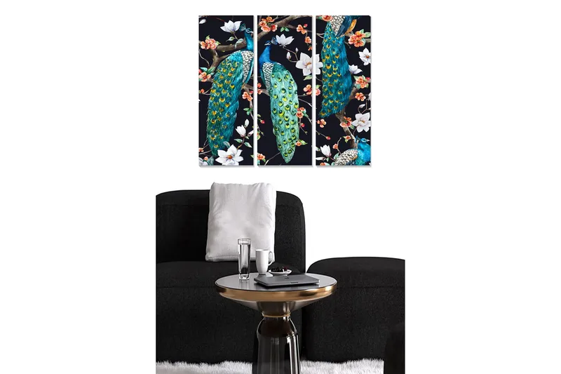 Puinen canvastaulu, 3 osaa, 50x70 cm - Värikkäitä riikinkukkoja kukkien keskellä, Turkoosi / Vihreä / Valkoinen