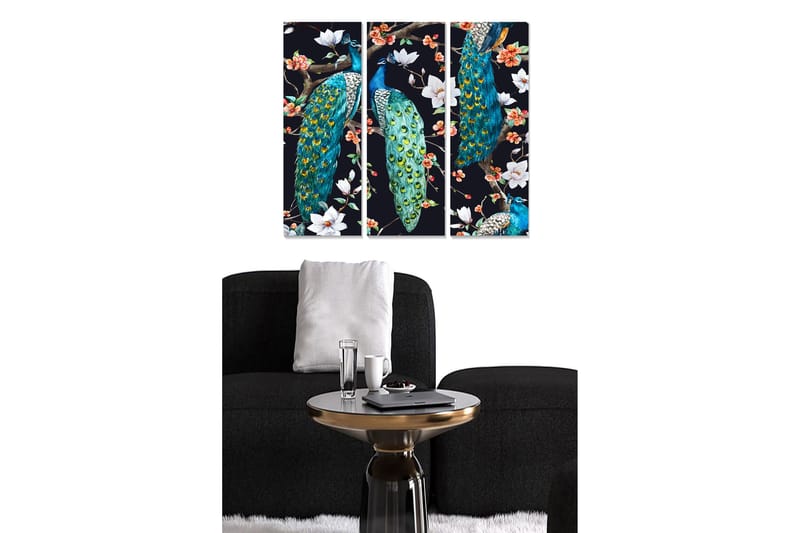 Puinen canvastaulu, 3 osaa, 50x70 cm - Värikkäitä riikinkukkoja kukkien keskellä, Turkoosi / Vihreä / Valkoinen