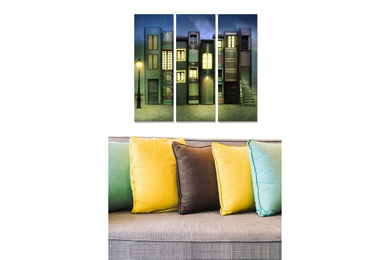 Puinen canvastaulu, 3 osaa, 50x70 cm - Värikkäitä taloja ikkunoilla ja katuvalaisimella unenomaisessa ympäristössä, Tummansininen / Vihreä / Punainen