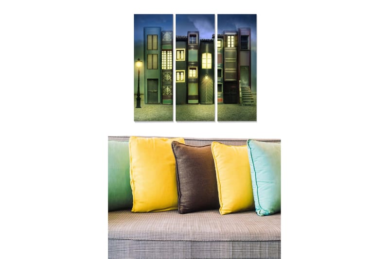 Puinen canvastaulu, 3 osaa, 50x70 cm - Värikkäitä taloja ikkunoilla ja katuvalaisimella unenomaisessa ympäristössä, Tummansininen / Vihreä / Punainen
